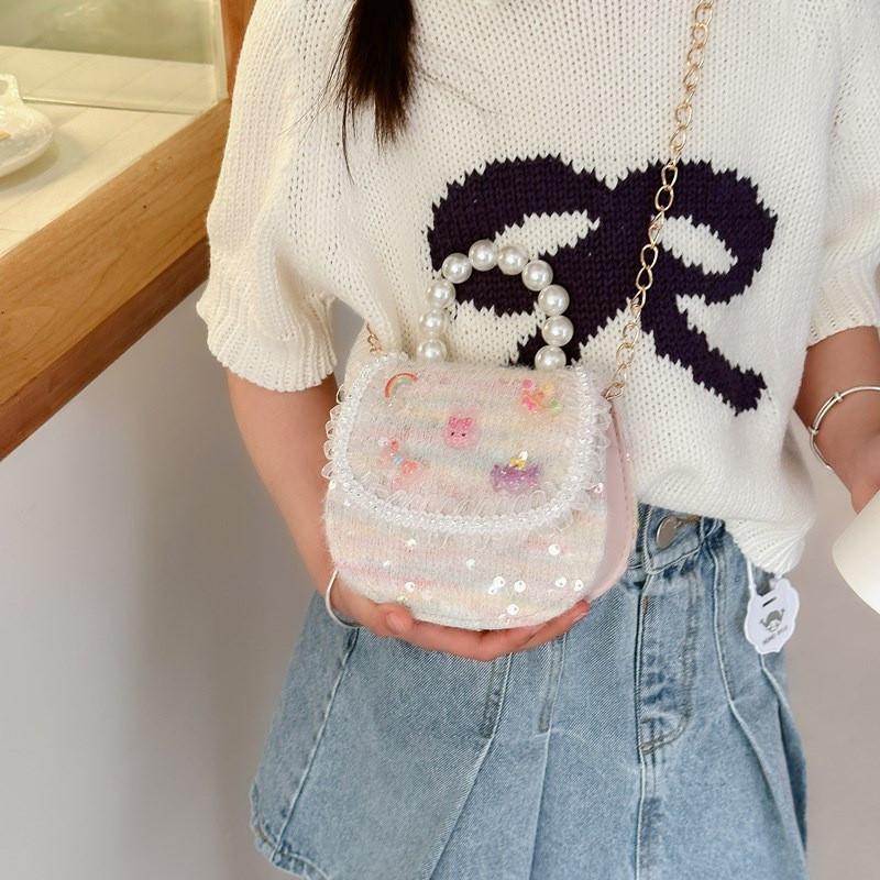 Crossbody Bowknot Girls Bag Sparkly Cartoon Shoulder Bag With Pearl Chain Strap