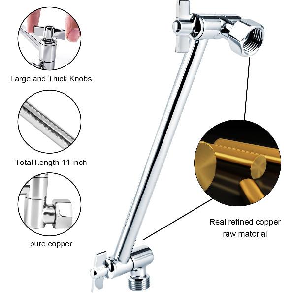 Heavy Duty Adjustable Shower Arm, 11" Brass Extension with Gear Lock Teeth & Swivel Nut, Strong Load Support, No Sagging, Keeps Shower Head Straight,