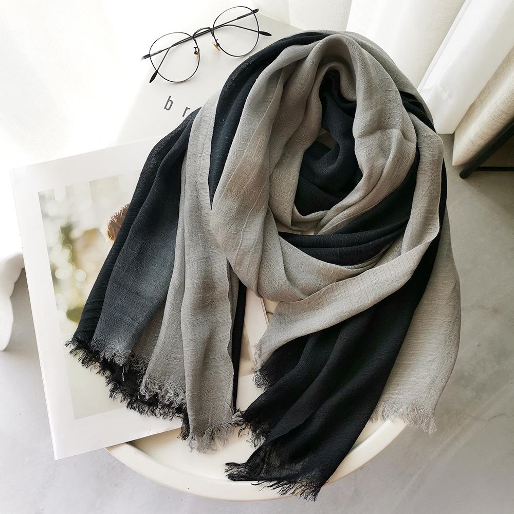 Gradient Color Block Bamboo Yarn Scarf for Women - Japanese Korean Mori Girl Style, Autumn Winter Cotton Linen Flax Shawl