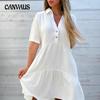 Женские платья свободного покроя с лацканами, однотонные, повседневные, с коротким рукавом, из хлопка и льна