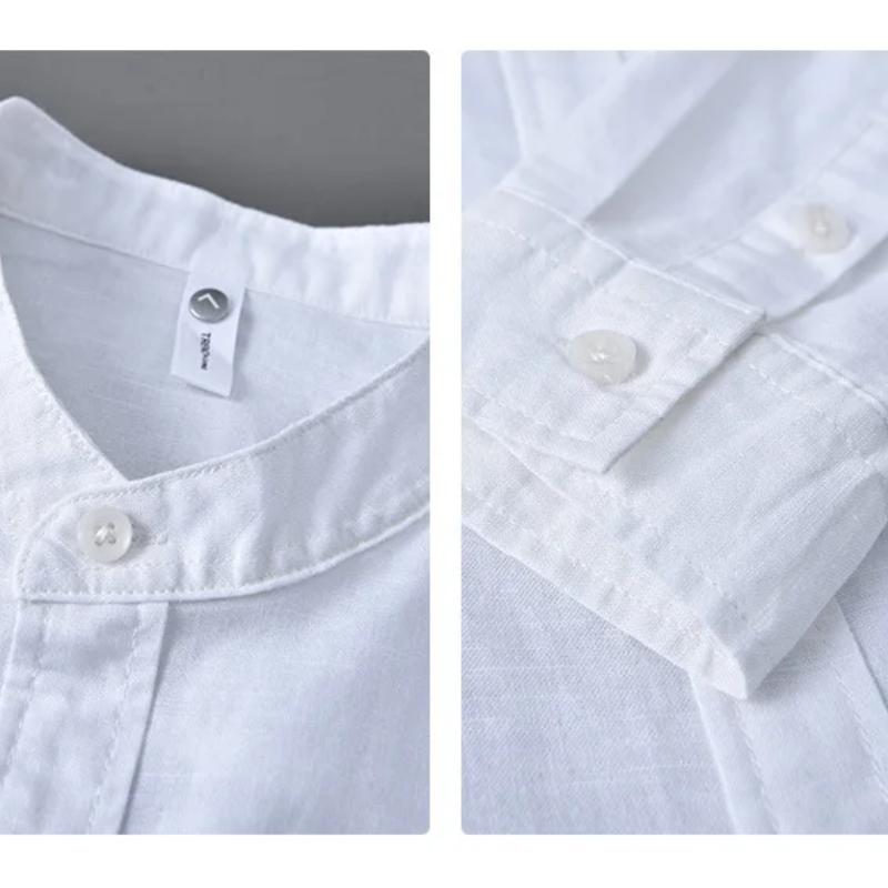 Рубашки из хлопка и льна простого стиля для мужчин Весна Лето Повседневная рубашка с длинным рукавом Карман Воротник-стойка Однотонная рубашка Пляжная Дышащая Мужская Топ