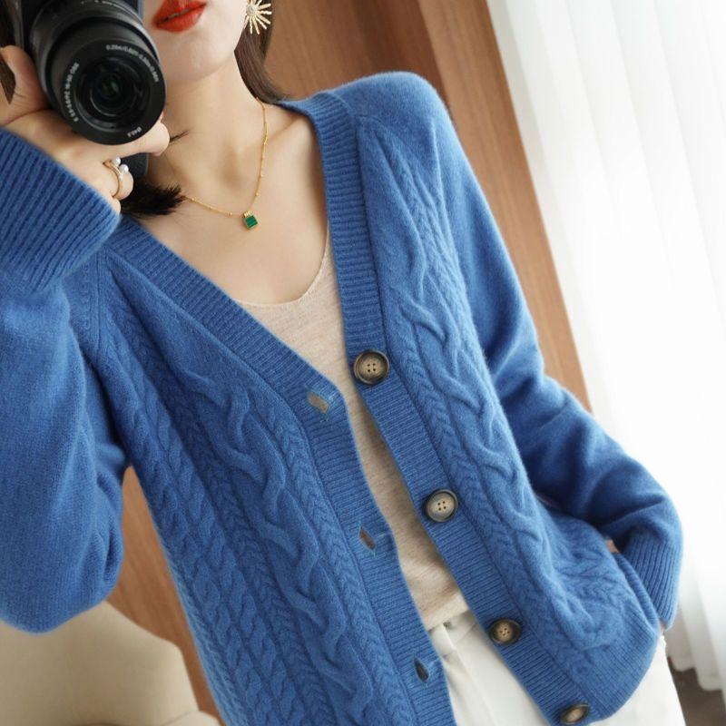 Sweater Fried Dough Twist Cardigan Women 2022 Casual Solid V-neck Loose Long Sleeve Knitting Cardigan Women Coat Tops