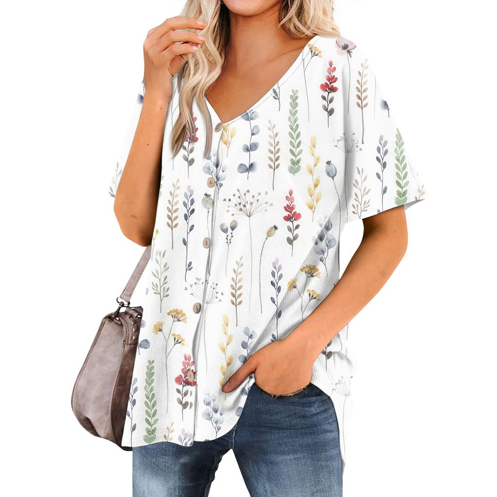 Women's T Shirt Tee Printed Women's Shirts V Neck Short Sleeve Button Up Tunic Tops Blouse