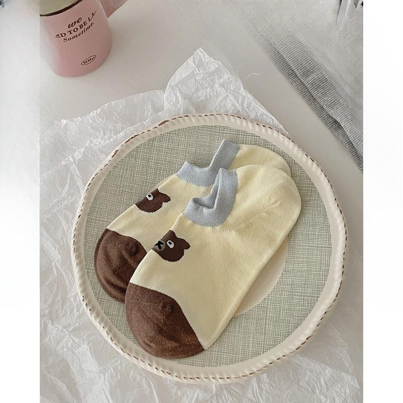 Легкие детские короткие носки с мультяшным мишкой на весну и лето, которые не сползают и предотвращают скольжение - Носки-лодочки с низким вырезом