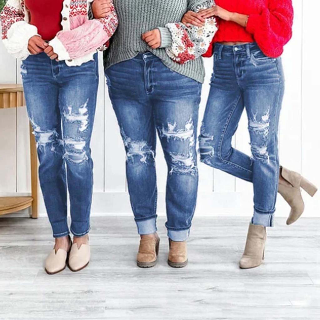 Джинсовые брюки для женщин, женские потертые рваные повседневные уличные джинсы в стиле хип-хоп со средней посадкой и прямыми штанинами