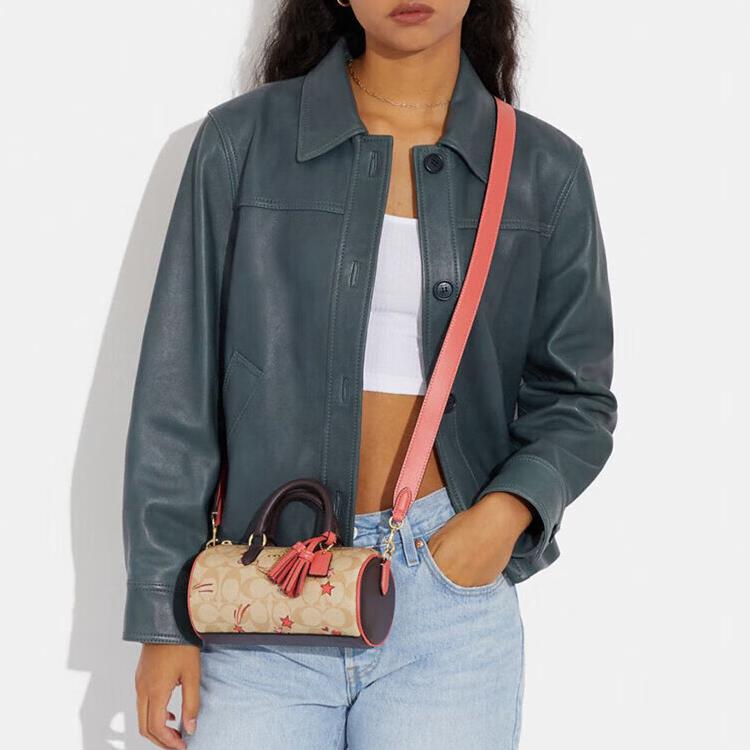 New COACH Lacey Canvas With Leather Boston Bag Handbag Shoulder Bag Crossbody Bag Small Size Women's Khaki & Pink CK562-IMOT4