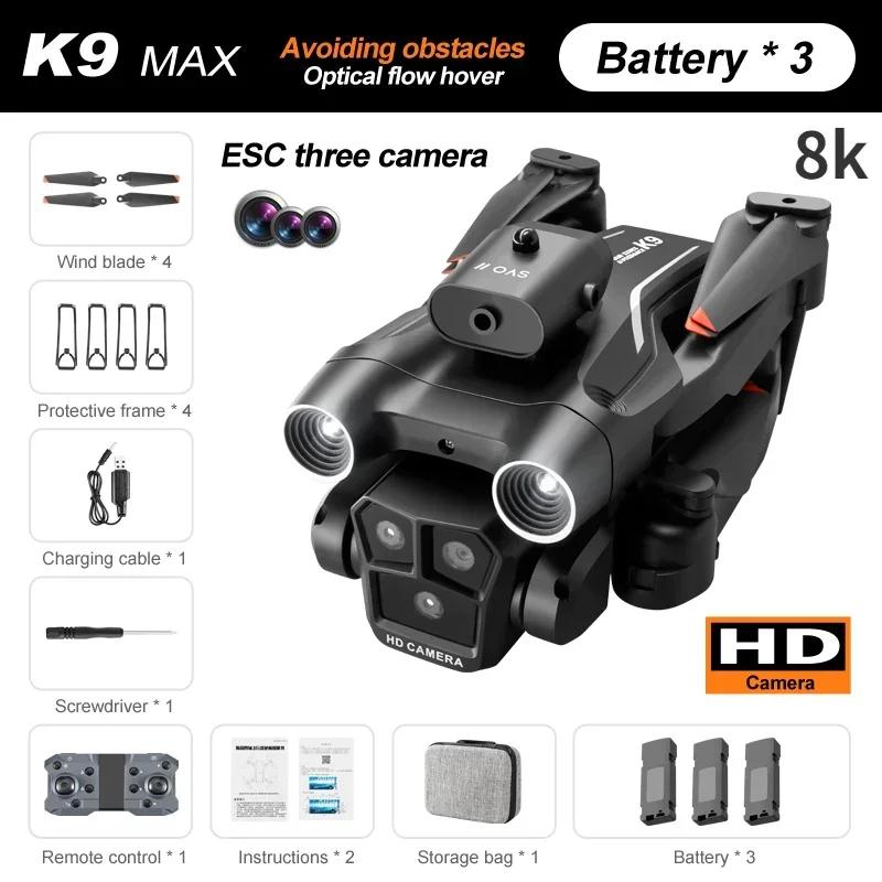 Новый K9Max Rc Drone Professional 8K Трехкамерный ESC Широкоугольный оптический позиционирование потока Четырехсторонний Квадрокоптер для предотвращения препятствий Игрушка в подарок