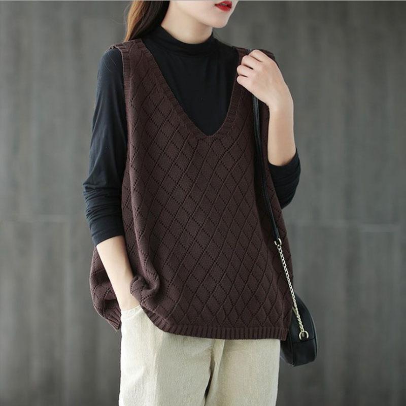 Women's Loose Knitted Vest Retro V-neck Plus Size Hollowed Out Vest Sweater for Women