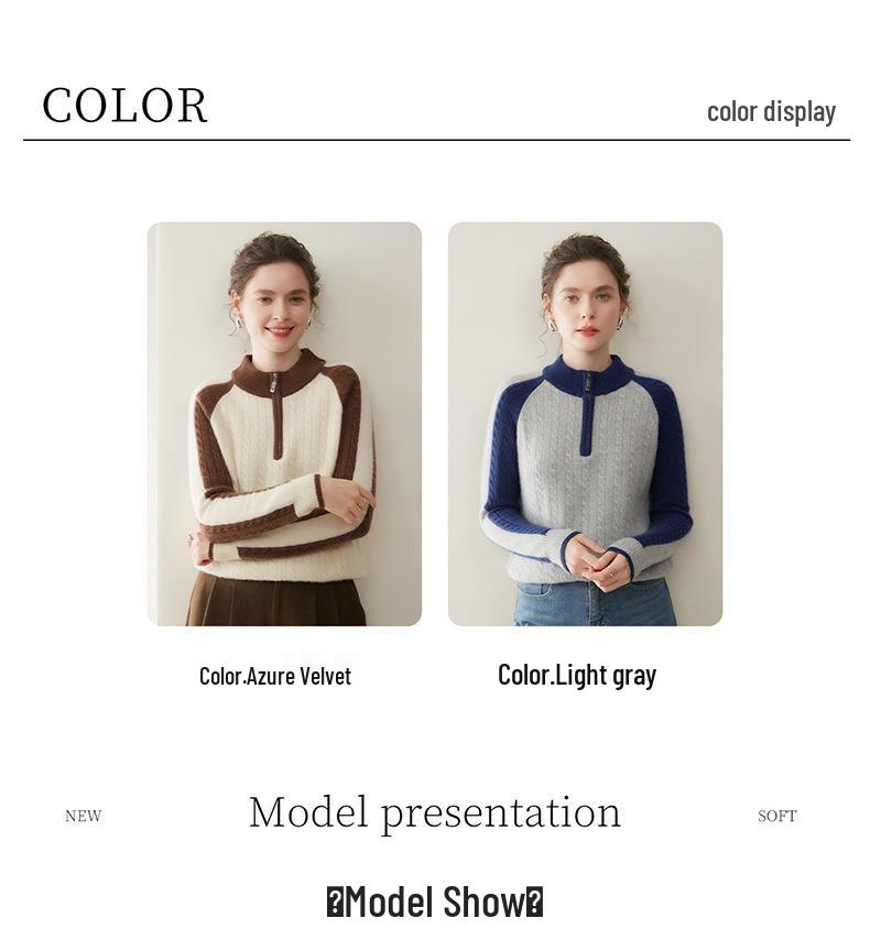Half-Zip Color-Block Cashmere Women's Knit Sweater - Loose, Slimming, Soft, and Skin-Friendly Fashion Sweater