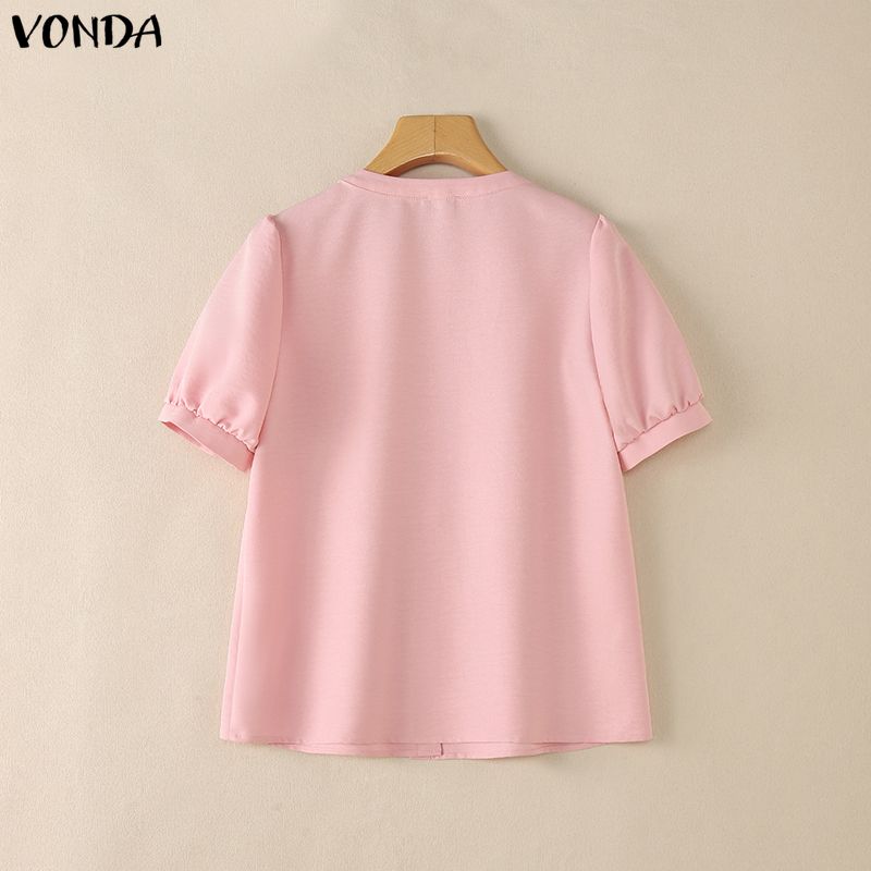 VONDA Женские повседневные летние блузки-топы с коротким рукавом, однотонные, с круглым вырезом