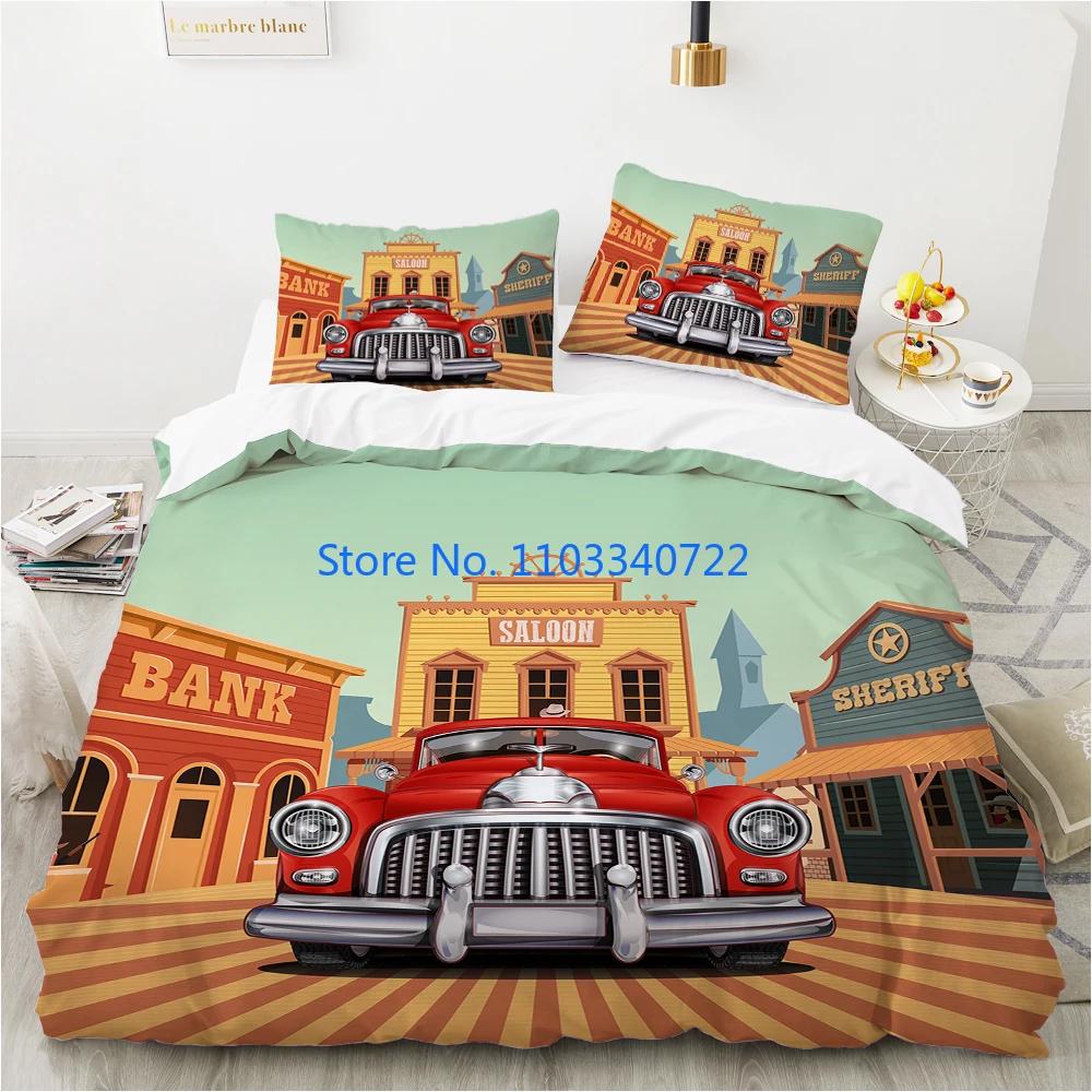 Cartoon Car King Queen Duvet Cover Cute Red Toy Sports Cars Bedding Set Kids Police Car Fire Truck Bedclothes Children Bedroom