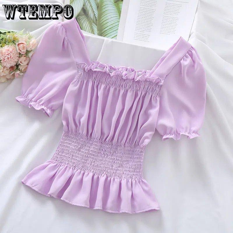 WTEMPO Летние шифоновые рубашки с короткими рукавами и пышными рукавами, женские тонкие белые рубашки, женские тонкие топы с квадратным воротником, уличная одежда