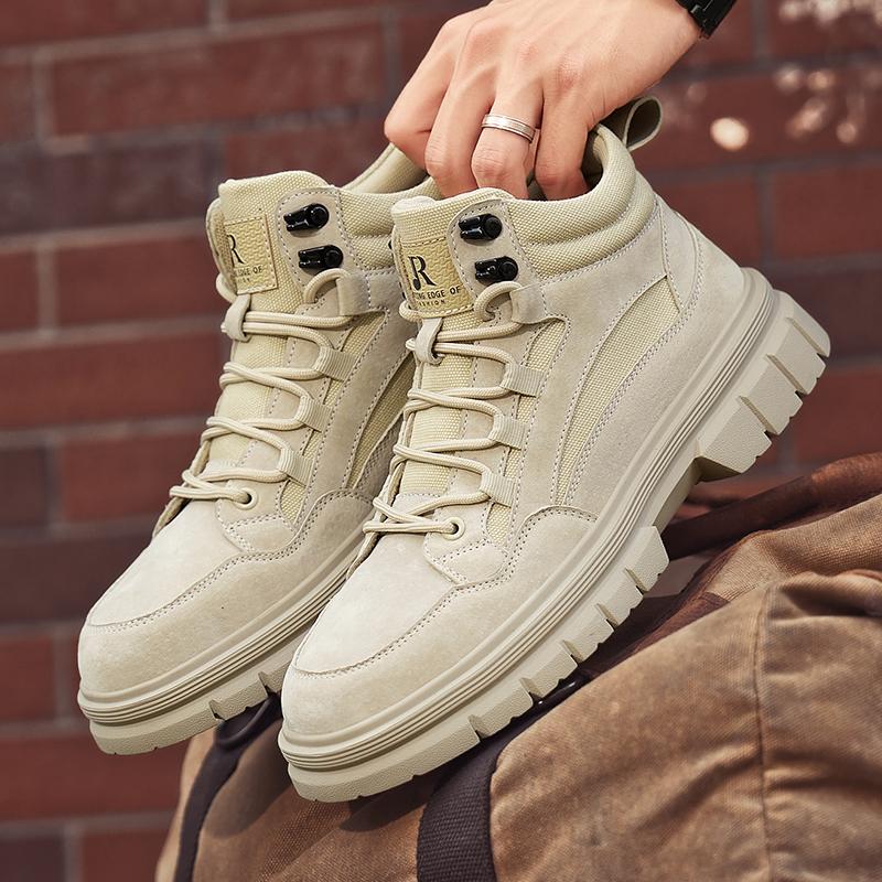 Модные Нескользящие Повседневные Кожаные Ботильоны Мужские Ботинки с Высоким Голенищем Уличные Удобные Мотоботы Модные Мужские Ботинки на Шнуровке Ботинки