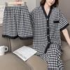 Sweet Pajamas Women Models of Short-Sleeved Trousers Three-Piece Cardigan Chidori Plaid Casual Loose Homewear Outside the Wear