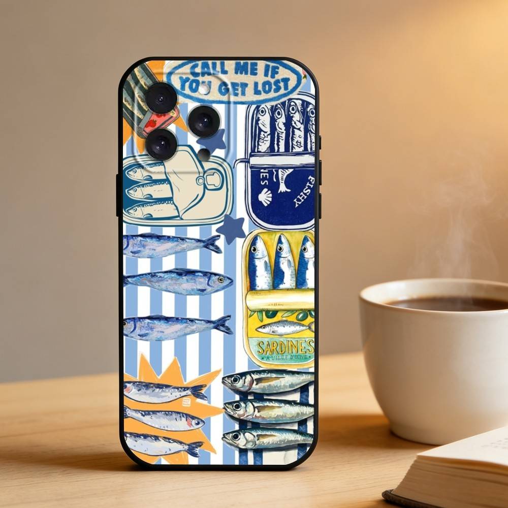 Милый Чехол для Телефона с Рисунком Рыбок Сардин Для iPhone 16,15,14,13,12,17,Pro Max,Plus Силиконовый Черный Чехол
