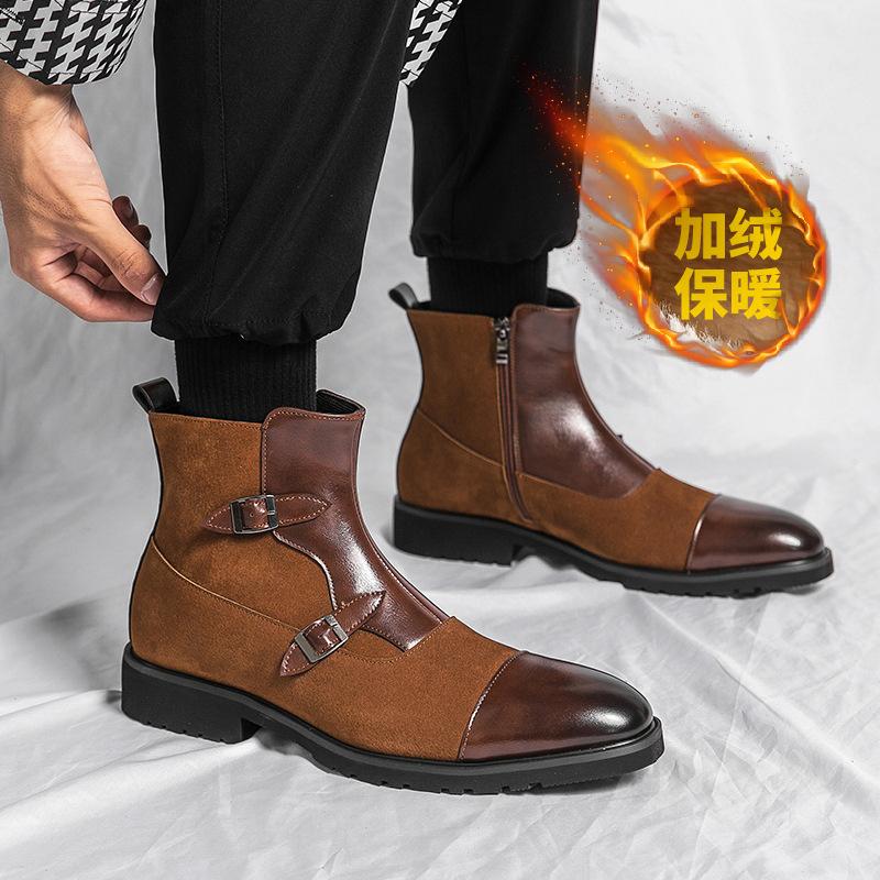 Осенние и зимние высокие кожаные туфли из бархата, мужские повседневные дышащие ботинки Martin, короткие ботинки British Brockney, увеличивающие высоту, ботинки Chelsea