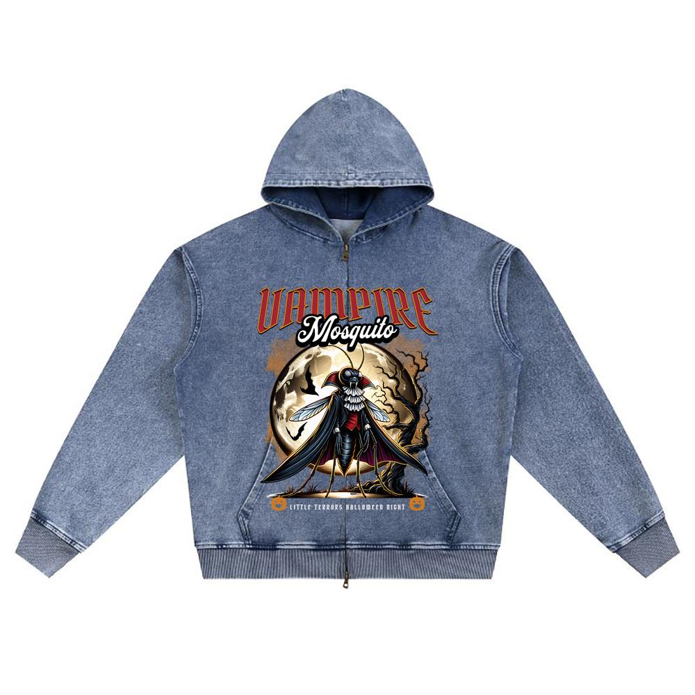 DTG Print Knitted Denim Zip-Up Hoodie Vampire Mosquito Brother Print Zipper Hoodies  