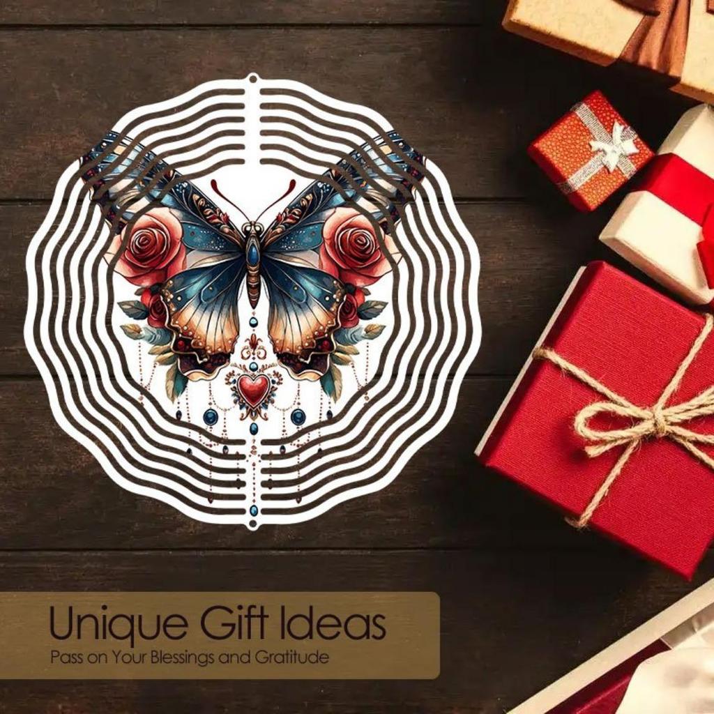 Металлический колокольчик ветра «Роза и бабочка», декор для сада на открытом воздухе с 3D-динамическим искусством, вращающиеся на 360° крючки, работающий от ветра для патио, двора или праздничного украшения