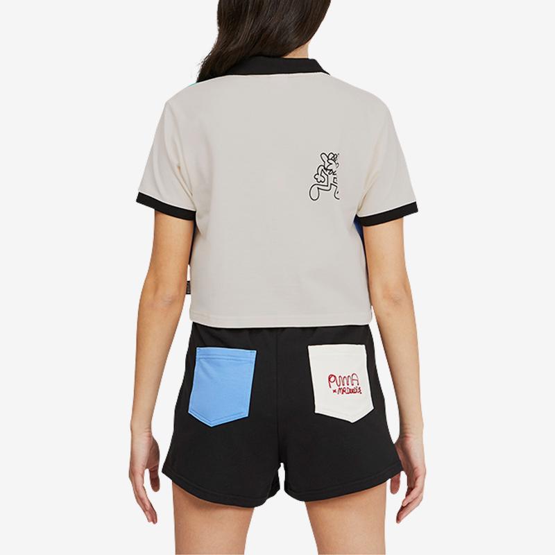 Puma X Mr Doodle Collaboration Граффити Принт Цвет Блок Рубашка Поло С Коротким Рукавом Женские Рубашки Поло Eggnog 530660-75