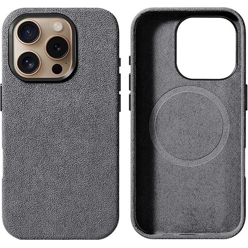 Italian Alcantara Phone Case for iPhone 16 Pro Max Luxury Business Leather Case for iPhone 16 Pro Back Cover Grey Color Magnetic