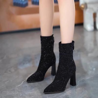 Сексуальные блестящие стразы супер высокий каблук короткие ботильоны модные ботинки новые острые ботинки на молнии сбоку облегающие ботинки ботинки Мартин