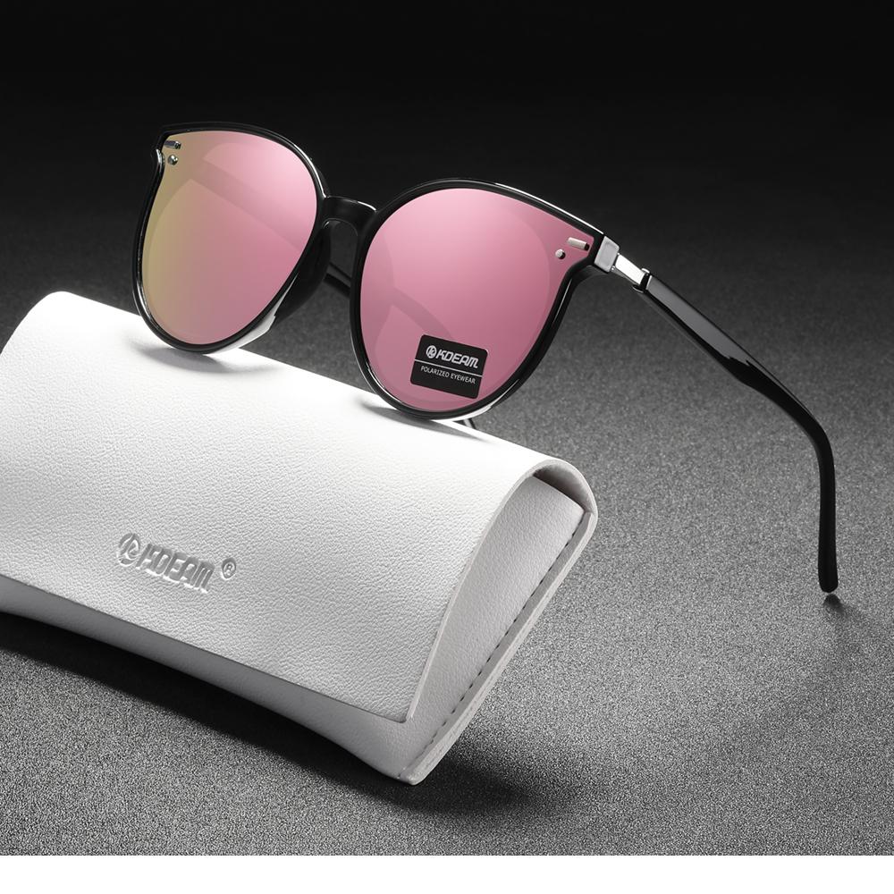 KDEAM Soft TR90 Material Women Sunglasses Cat Eye Polarized UV400 Mirror Sun Glasses Round Black Shades With Leather Case