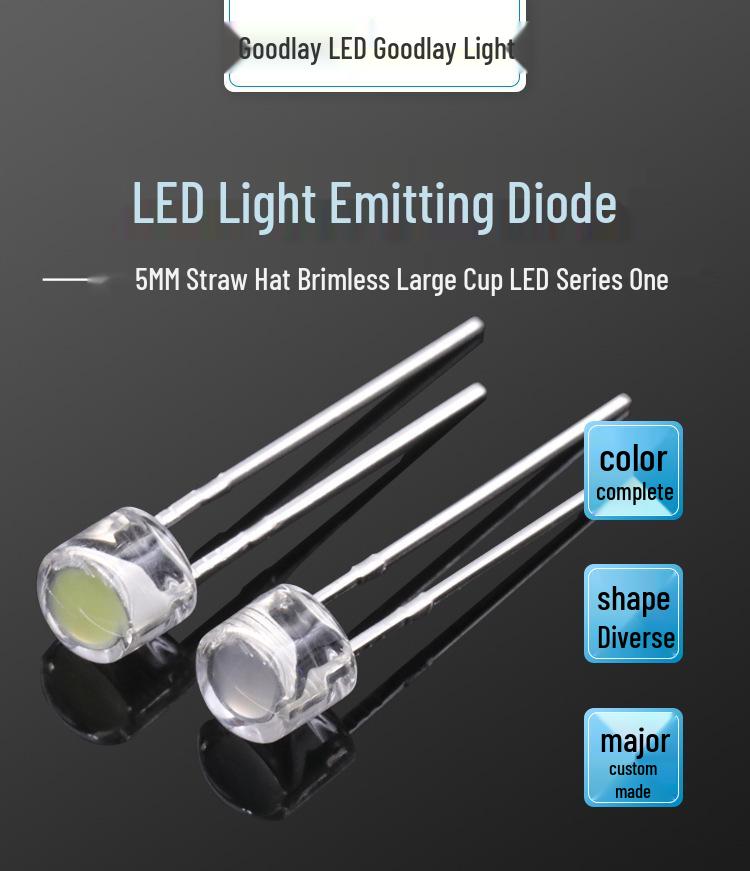 Haolai Guang 5MM LED Lamps: Straw Hat Brimless Bulbs in Transparent White, Red, Blue, Green, Yellow, Short Legs F5.