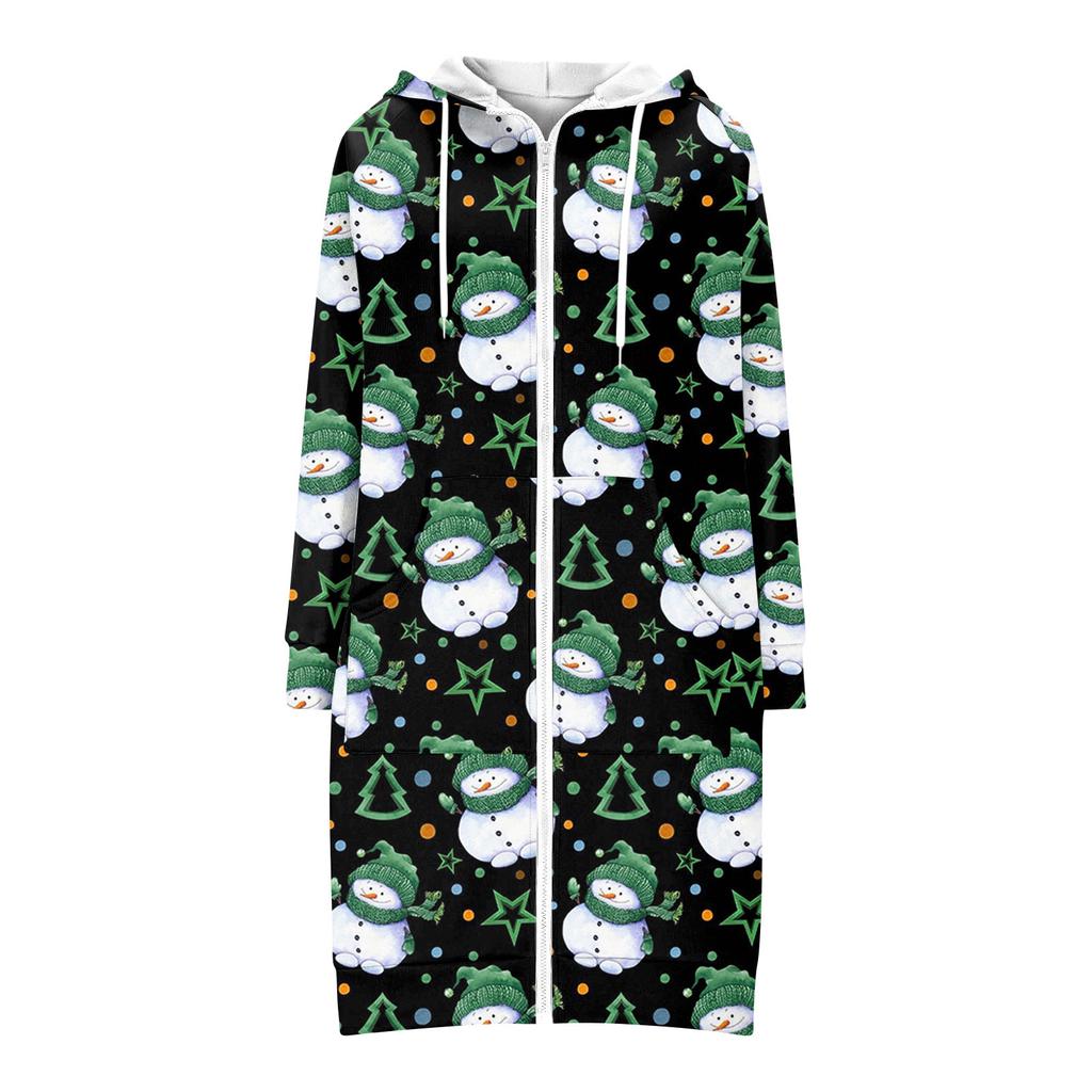 Women's Fashionable Christmas Printed Long Sleeved Drawstring Hooded Zipper Pocket Long Casual Sweatshirt Jacket