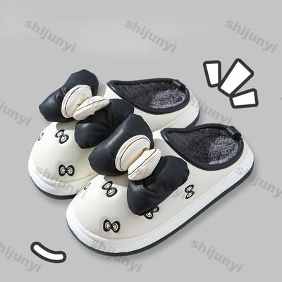 Модные зимние теплые плюшевые тапочки для женщин, домашние теплые нескользящие тапочки на толстой подошве, пушистые тапочки с бантами, хлопковые тапочки, парные зимние шлепанцы