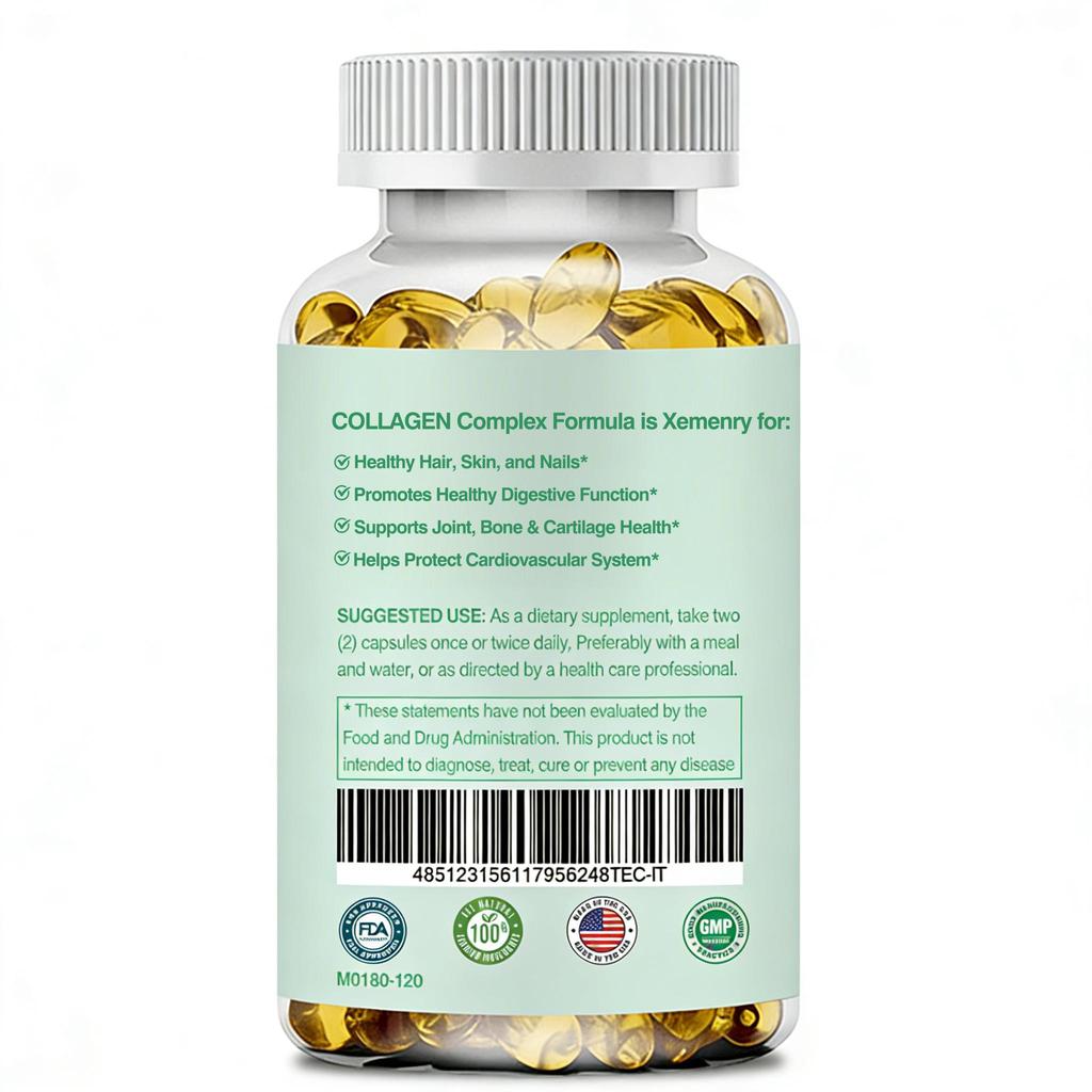 Unisex complex collagen capsules, supporting skin health, hair and nail growth, and joint health. Non-GMO, 120 capsules.