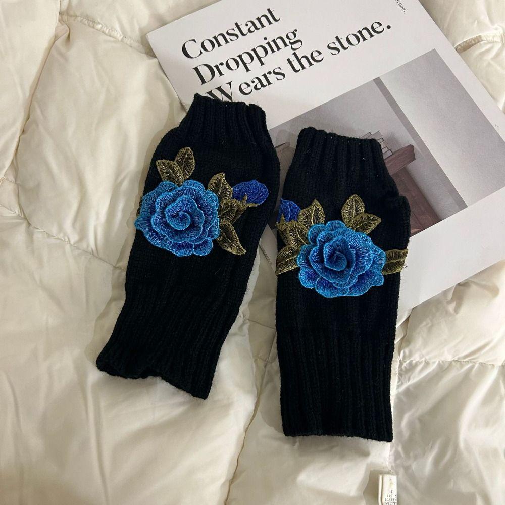 Vintage Embroidery Knitted Gloves Floral Fingerless Gloves Cute Crochet Flower Mittens Outdoor
