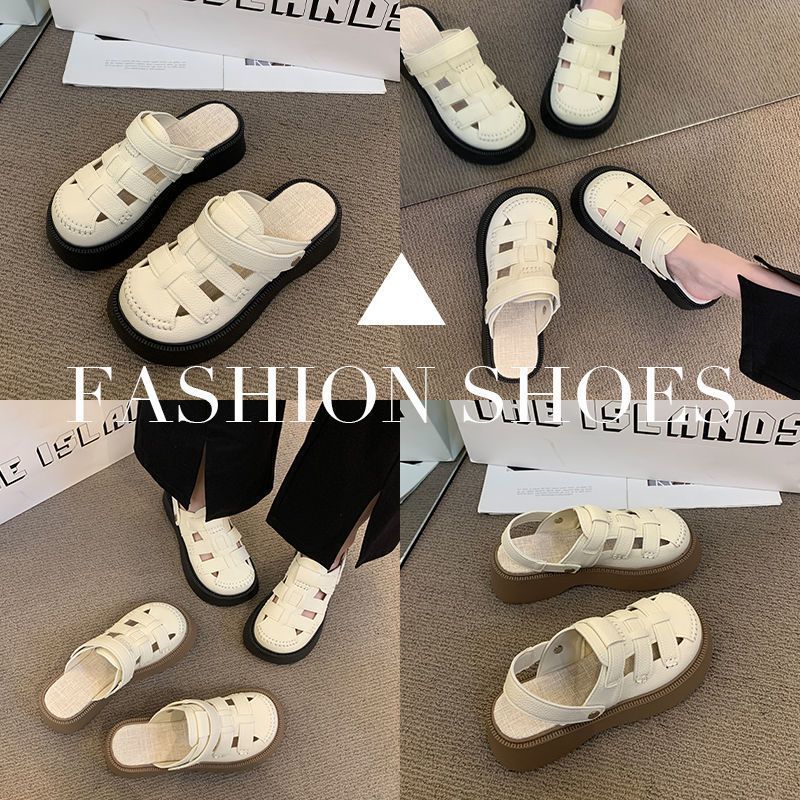 2025 popular hole hole Mori Roman shoes platform half slippers women's summer wear two wear hollow bag head sandals women's models