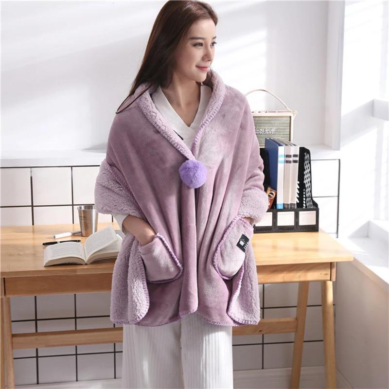 Multifunction Soft Comfortable Blanket Poncho Blanket For Women multi-purpose scarf Cape Wrap Button Bed Jacket with Pockets