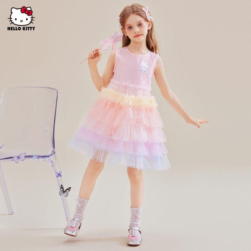 Летнее платье для девочек Hello Kitty 2025 Новое сетчатое платье-торт Градиентный цвет Юбка-пачка Платье принцессы