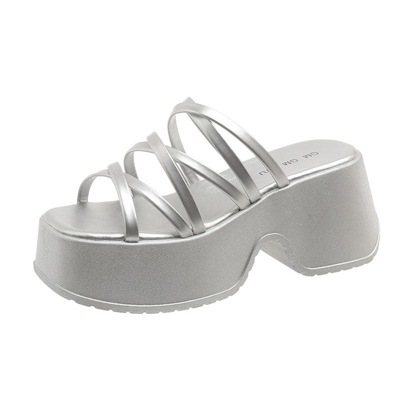 8 см Высокий каблук Толстая подошва Тапочки Женские летние модные туфли Универсальные тапочки для верхней одежды Тонкий ремень Платформа Римские сандалии