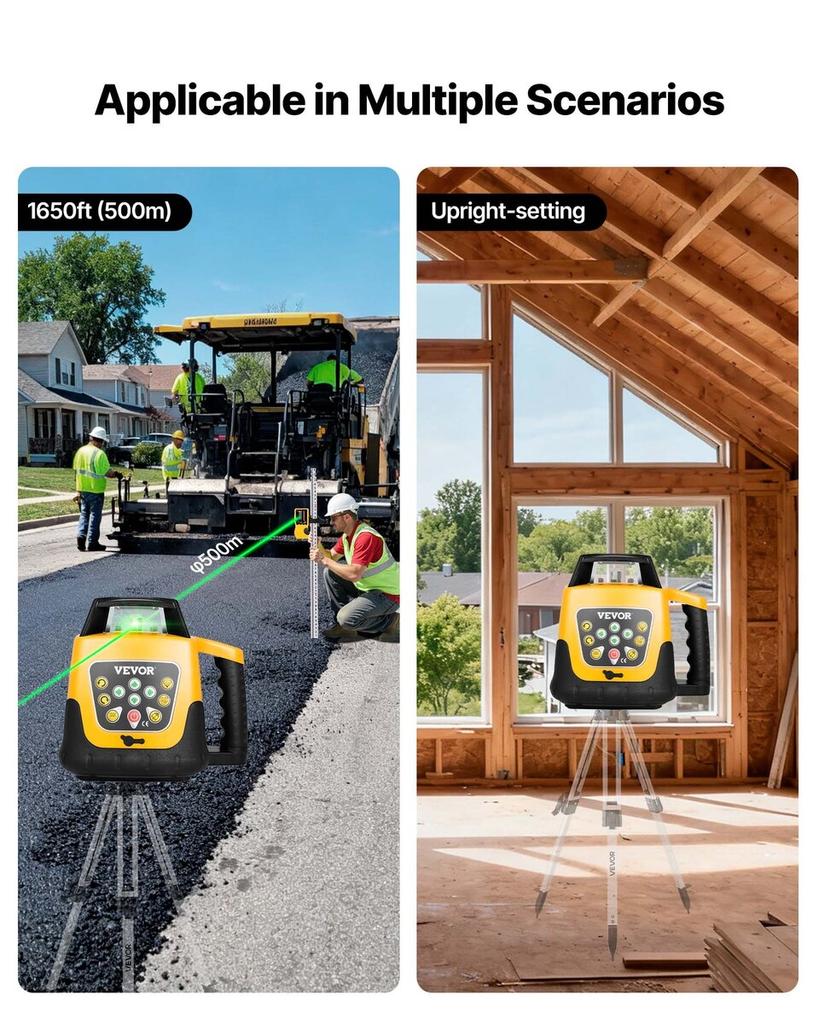 Rotary Laser Level Kit, Green Beam 500m Range Slope Adjustable 360-Degree Spinning Self Leveling, Flexible Scanning Angle & IP54 Waterproof, Accurate