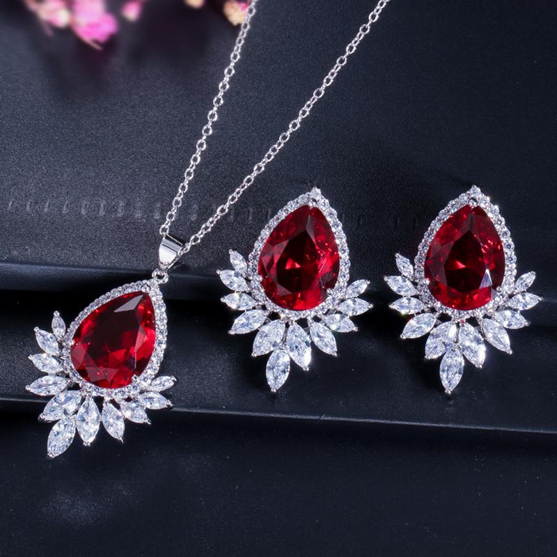WWJ Dazzling Cubic Zirconia Marquise Cut Pendant Necklace and Drop Earrings Set