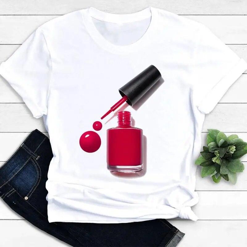 Women T-shirts Nail Art Lovely Spring Short Sleeve Ladies Fashion Casual Clothing Cartoon Clothes Female Tee Graphic Tshirt