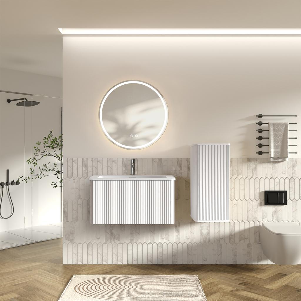 Bathroom Furniture Set with Washbasin and LED Mirror, 80cm Wide Hanging Vanity Unit with Washbasin, Round Bathroom Mirror, Side Cabinet, White