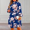 Piled Collar Long Sleeve Elastic Waist High-Waist Mini Dress Flower Print Ruffle Stitching Hem Summer Dress Female Clothes