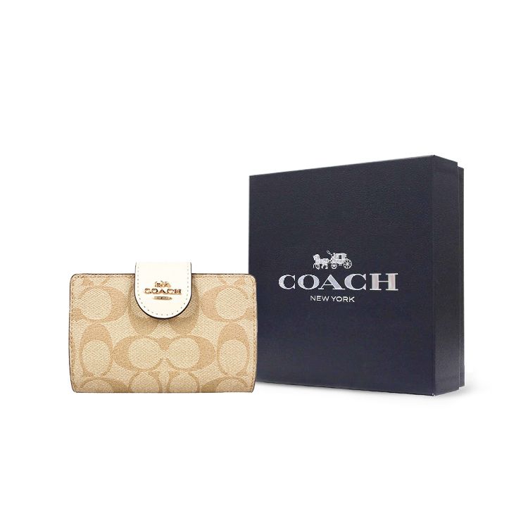 Coach Кожаный кошелек с угловой молнией, 13 кнопок, сложенный, многослойный, женский, светло-коричневый, белый C0082-IMDQC