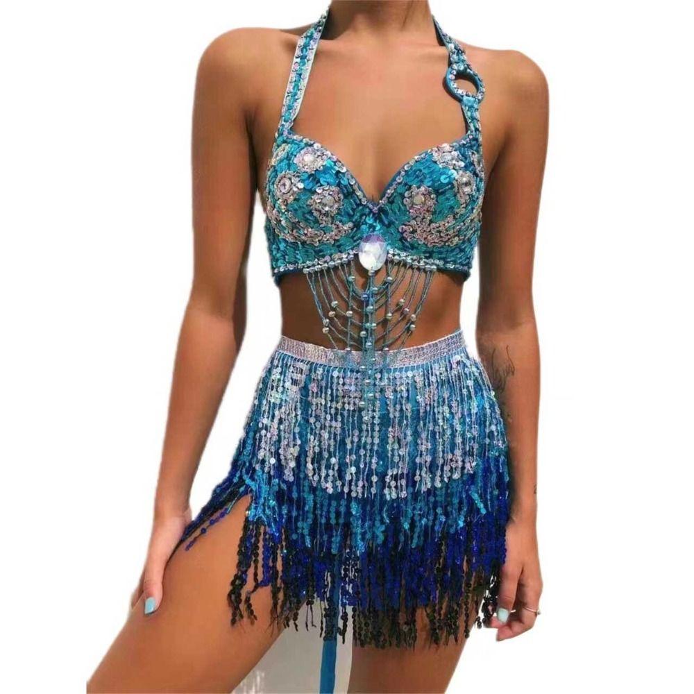 Bohemian Sequin Fringed Skirts Tassels Wrap Belts Show Dancer Skirt Women