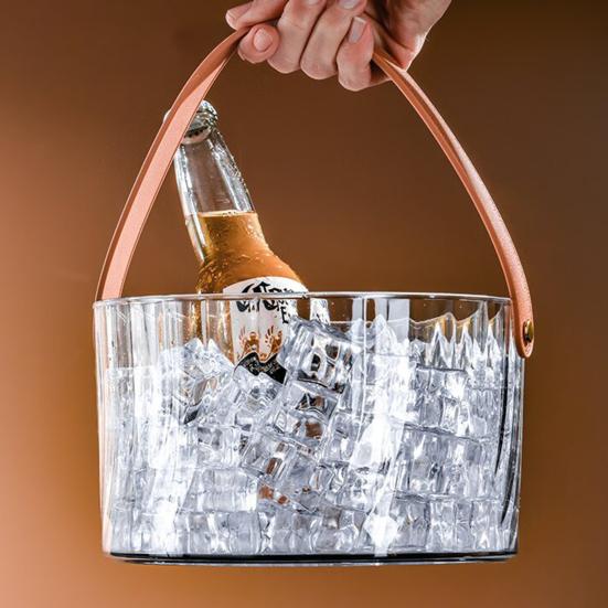 Clear Ice Bucket Cocktail Glass Chiller with Faux Leather Handle