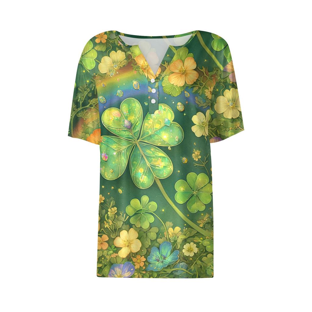 Women's T Shirt Tee Print Button Short Sleeve Daily Weekend Fashion Basic V- Neck Regular Top St. Patrick's Day