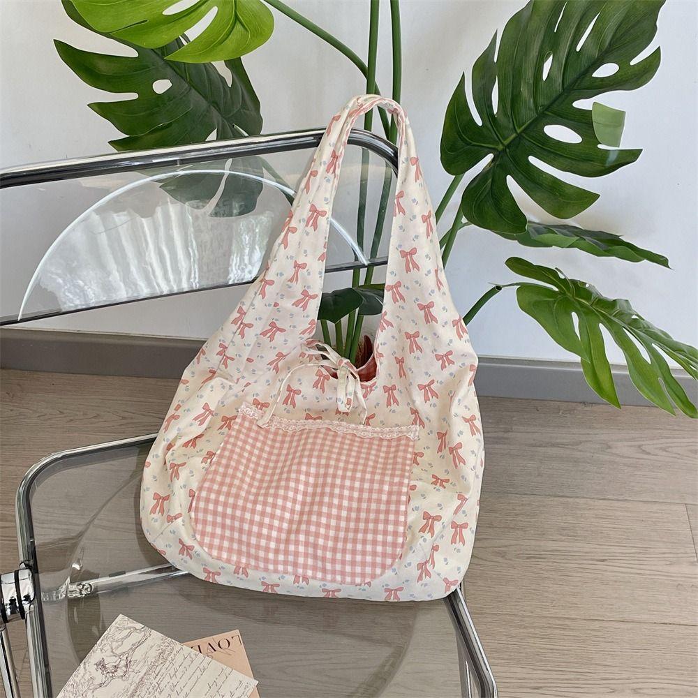 Fairy Bowknot Vest Bag Large Capacity Canvas Tote Bag Casual Floral Plaid Shoulder Bag  Outdoor