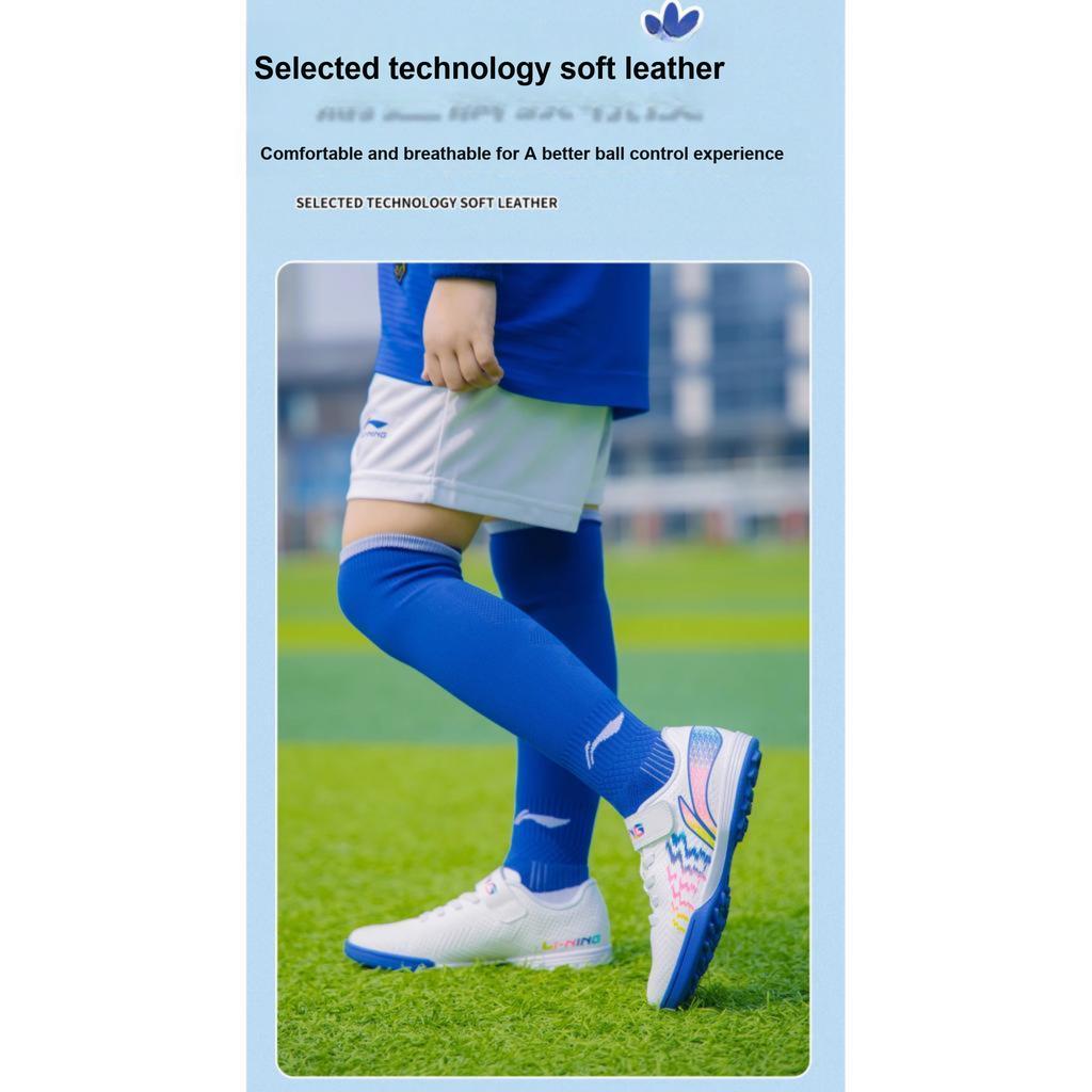 Li Ning Kids Artificial Turf Casual Shock Absorbing Durable Low Top Football Shoes Kids Football Shoes White Blue YKGU008-3