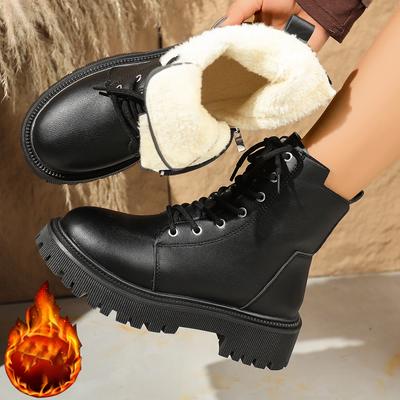 Женские ботинки Удобные на низком каблуке Кожаная обувь Модные шнурованные Ботинки на платформе Боевые ботинки Женские Зимние Теплые Короткие Плюшевые Ботильоны Женские