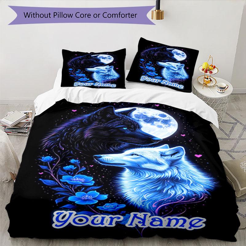3PC Custom Name Wolf Moon Night Bedding Set Printed Bedding Set Duvet Cover Closure Includes 1 Duvet Cover & 2 Pillowcases for All Seasons Bedroom