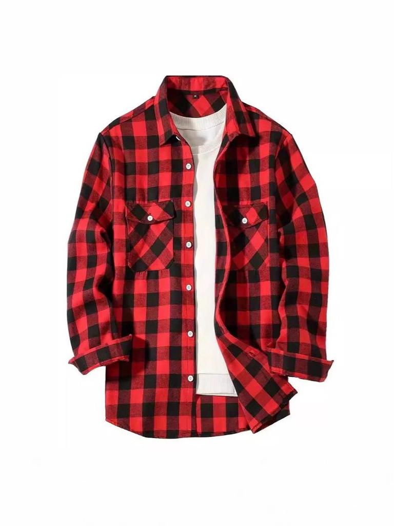 European Size Plaid Hooded Short-Sleeved Men's Cardigan Shirt with Double Pocket Flap