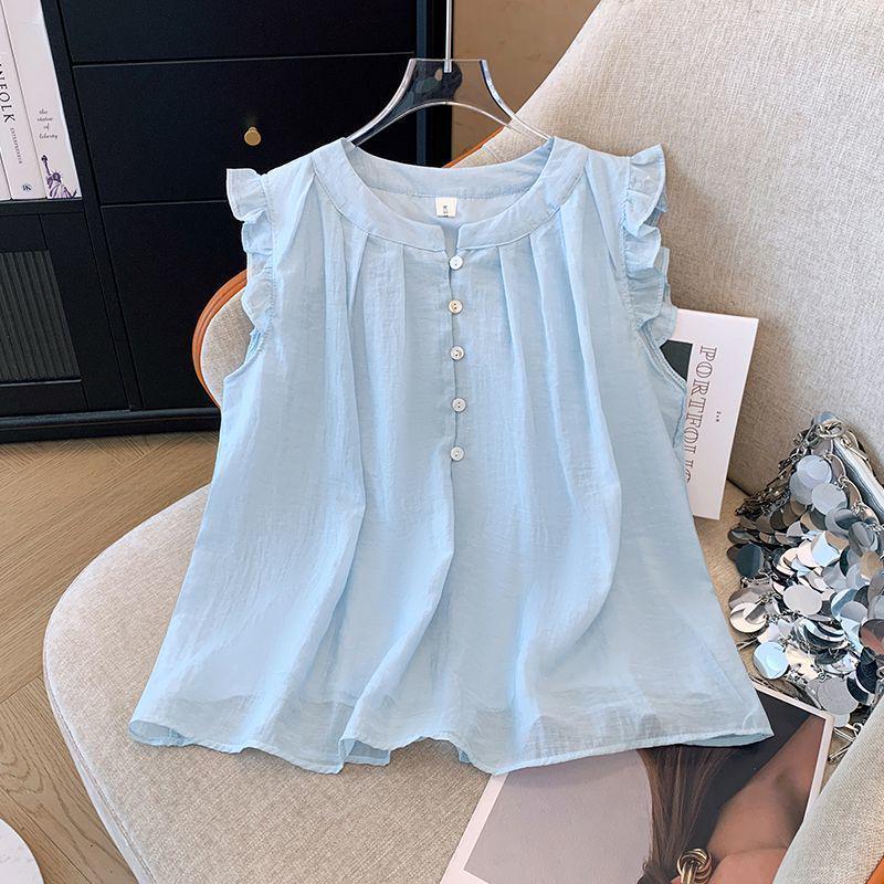 Женская летняя свободная и стройнящая блузка большого размера с рукавами-воланами и французскими рюшами